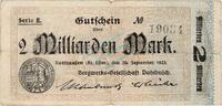 Inflation 1923 DE 2 Mia. Mk. Rotthausen , Banknote 2 Milliarden Mark Schein gbr. Keller 4652.c Rheinland 1923 -