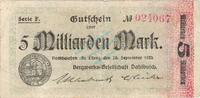 Inflation 1923 DE 5 Mia. Mk. Rotthausen , Banknote 5 Milliarden Mark Schein gbr. Keller 4652.c Rheinland 1923 -