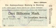 Inflation 1923 DE 3 Bio. Mk. Bestwig , Banknote 3 Billionen Mark Schein unc-kfr.E Keller 386.e Westfalen 1923 -