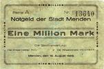 Inflation 1923 DE 1 Mio. Mk. Menden , Banknote 1 Million Mark Schein gbr. Topp 616.5 , Westfalen 1923 Inflati -