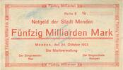 Inflation 1923 DE 50 Mia. Mk. -o.KN- Menden , Banknote 50 Milliarden Mark --MUSTER - o.KN.-- unc-kfr. Keller 3516... -