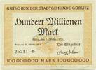100 Mio. Mk. 1923 Inflation 1923 DE Görlitz , Banknote 100 Millionen Mark Schein in gbr. Keller 1829.q , Schlesien zirkuliert , 3