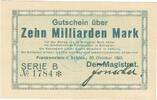 Inflation 1923 DE 10 Mia. Mk. Frankenstein , Banknote 10 Milliarden Mark Schein in gbr. Keller 1518.b-c , SLN -