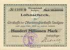 Inflation 1923 DE 100 Mio. Mk. Saulgau , Banknote 100 Millionen Mark Scheck L-gbr. Keller 4721... Württemberg -