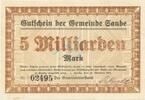 Inflation 1923 DE 5 Mia. Mk. Sande , Banknote 5 Milliarden Mark Schein gbr. Keller 4700.e , Schleswig 1923 -