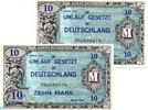 Alliierte Militärbehörde 10 Mark Kn fortlaufend 2 x Banknote , 10 Mark in kfr. Kn fortlaufend , US Druck , AMB-4 a , P 194 -
