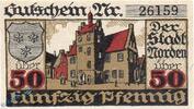 Kleingeld 1914-1922 DE 50 Pf. Stadt Norden , Hannover , 50 Pfennig Schein in kfr. Tieste 5150.05.66 -