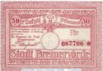 Kleingeld 1914-1922 50 Pf. Notgeld Bremervörde , 50 Pfennig Schein in kfr. Tieste 0910.10.15 -