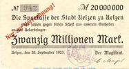 Großnotgeld Inflation 20 Millionen Mark Scheck der Sparkasse Uelzen , 20 Millionen Mark in L-gbr. Keller 5258.c 1923 -