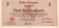 Notgeld DE 5 Mk. Notgeld Stadt Stuttgart , 5 Reichsmark Schein in kfr. von 1945 , Württemberg -