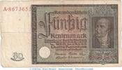 Drittes Reich - Rentenbank 50 Renten - Mark Schein Rentenbanknote , 50 Mark Schein in gbr.4 DEU-221, Ros.165, P.172, vom 06.07.1934 -