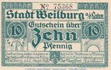 Notgeld De 10 Pf. Notgeld Stadt Weilburg , 10 Pfennig Schein in kfr. Tieste 7770.05.25 von 1920 -