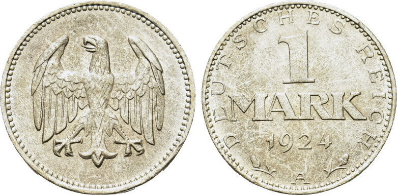 Germany. Weimar Republic (1918-1933). AR 1 Mark 1924 | MA-Shops