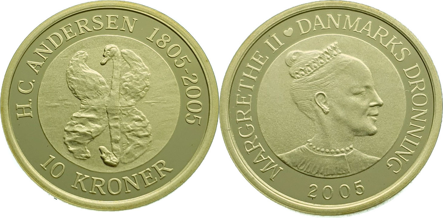 Denmark 10 Kroner 2005 Margrethe II Ugly Duckling Gold PP