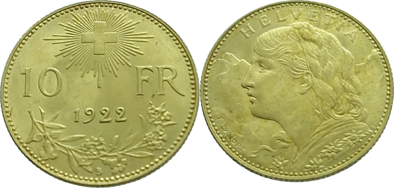 Switzerland 10 Francs 1922 Helvetia - Gold Unz (unzirculated) | MA-Shops