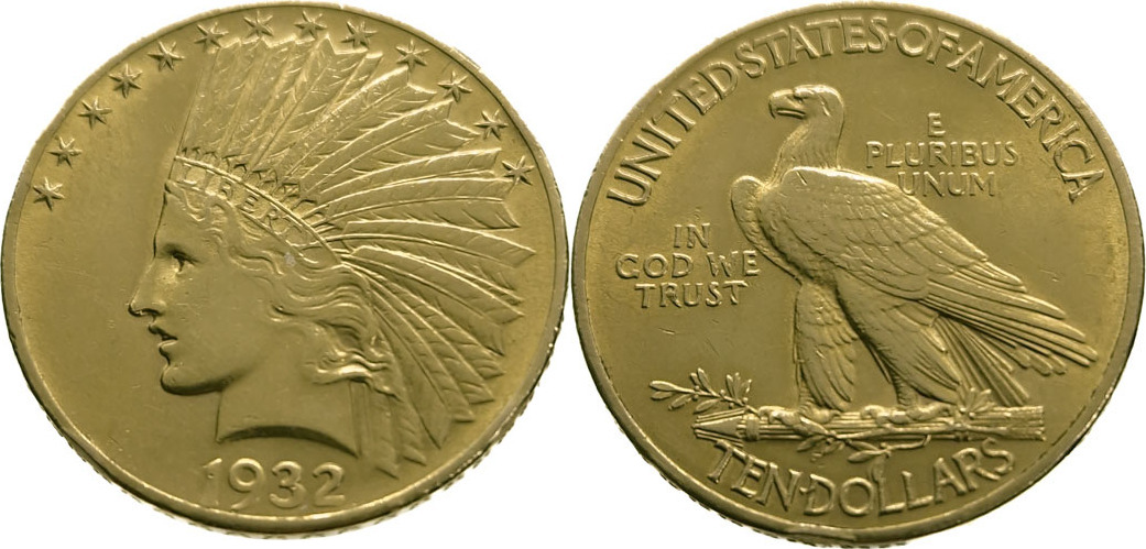 USA 10 Dollar 1932 Indian Head Gold Extremely Fine MA Shops usa-10-dollar-1932-indian-head-gold-extremely-fine-ma-shops