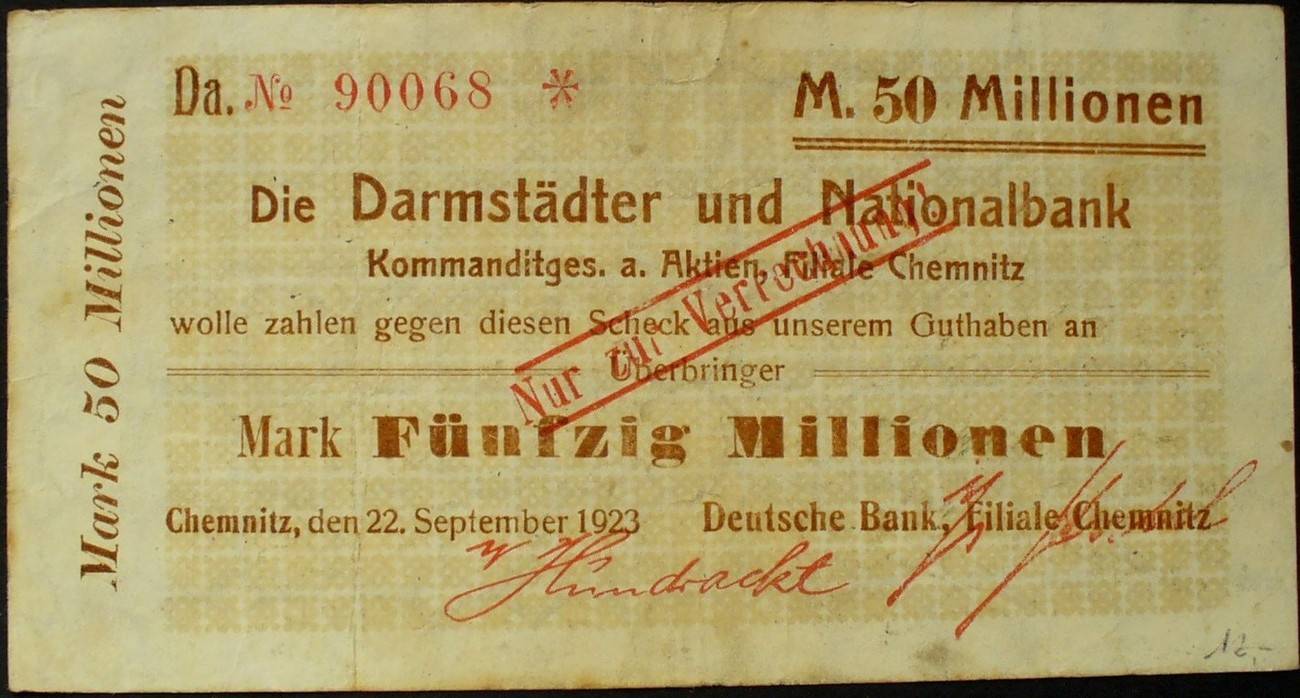 50 Mio. Mark 22.9.1923 Sachsen - Chemnitz Deutsche Bank ...