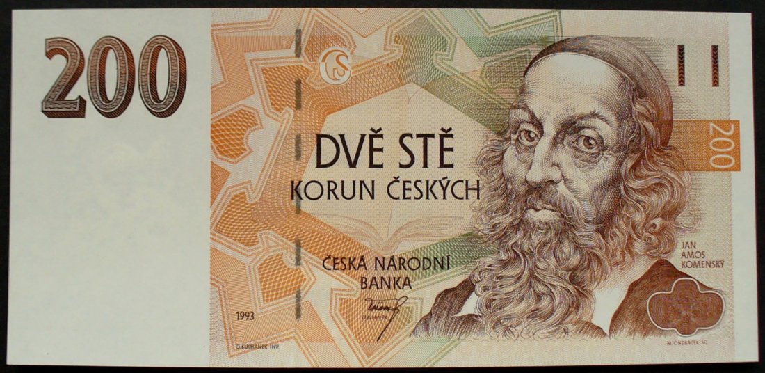 200 Korun 1993 Tschech. Republik P. 6 a / Sicherheitsfaden mit Kcs kfr 200 Korun 1993 Tschech. Republik P. 6 a / Sicherheitsfaden mit Kcs kfr