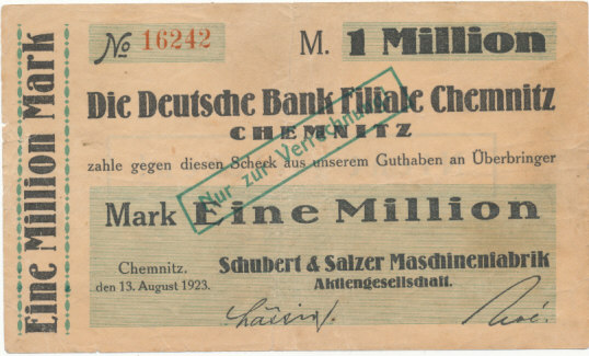 1 Mio Mark 13 August 1923 Deutsches Reich Sachsen Chemnitz