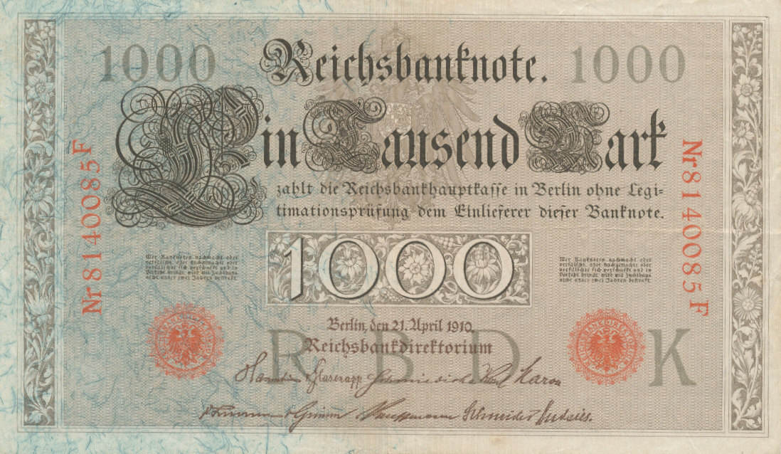 Deutsches Reich Banknote 1.000 Mark Von 1910 | Mit Rotem Siegel & 7-stelliger Kontrollnummer | Sammlerbanknote In Gutem Zustand