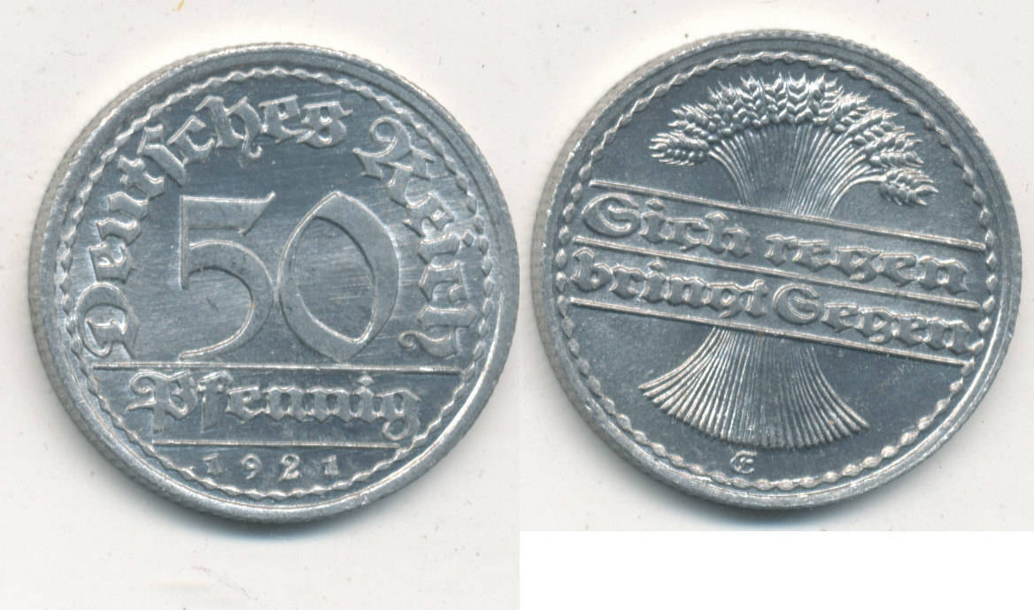 Deutsches Reich,Weimarer Republik, 50 Pfennig 1921 Mz.E J.301 Aluminium ...