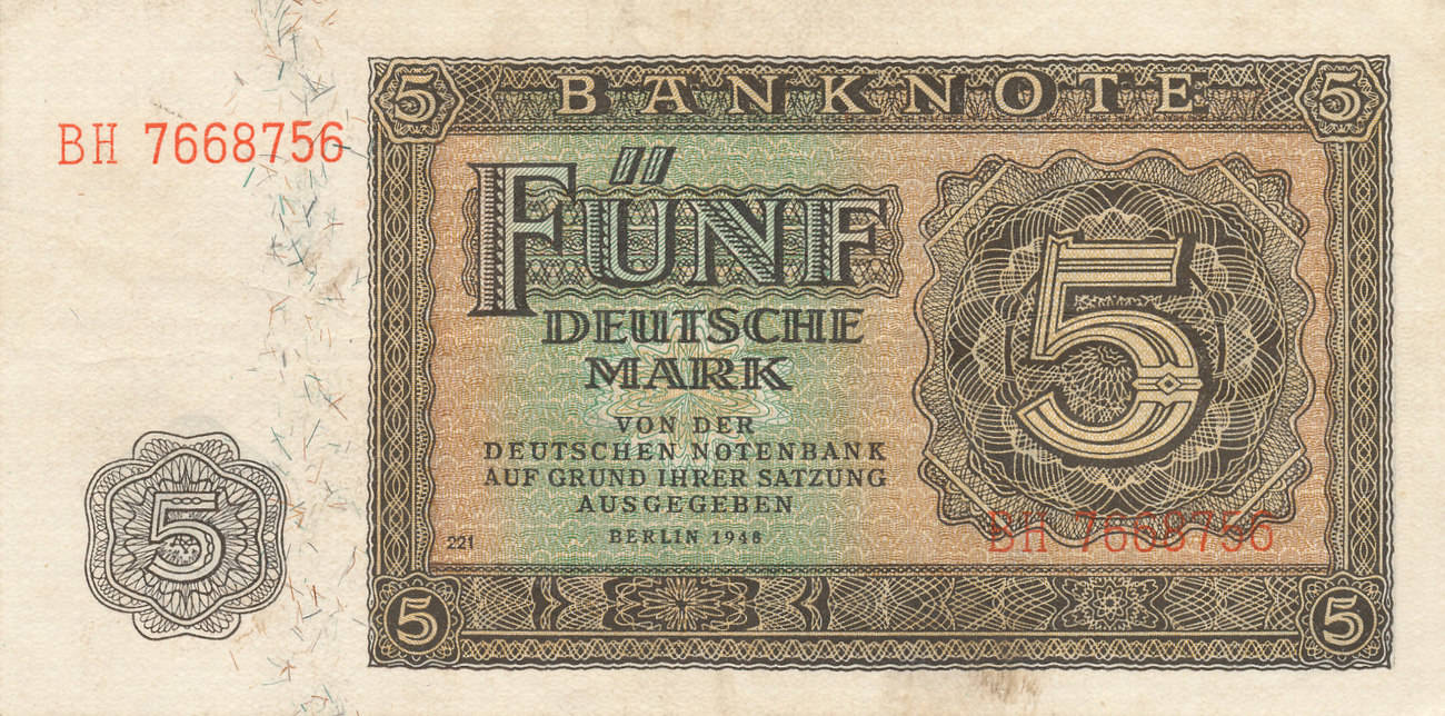 Deutschland,DDR, 5 Deutsche Mark 1948 Ro.342d KN 7stellig 2 Buchstaben davor,Deutscher Druck