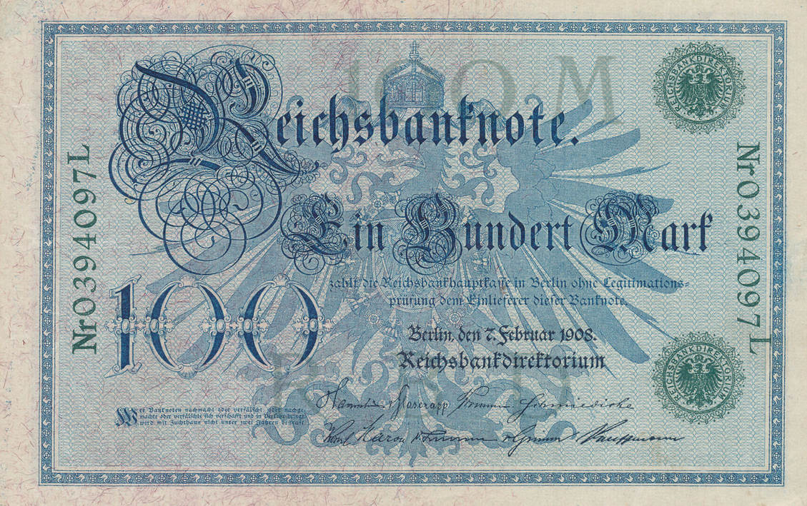 Deutsches Reich,Kaiserreich, 100 Mark 1908 Siegel grün,Serie:L,Udr.Bst ...