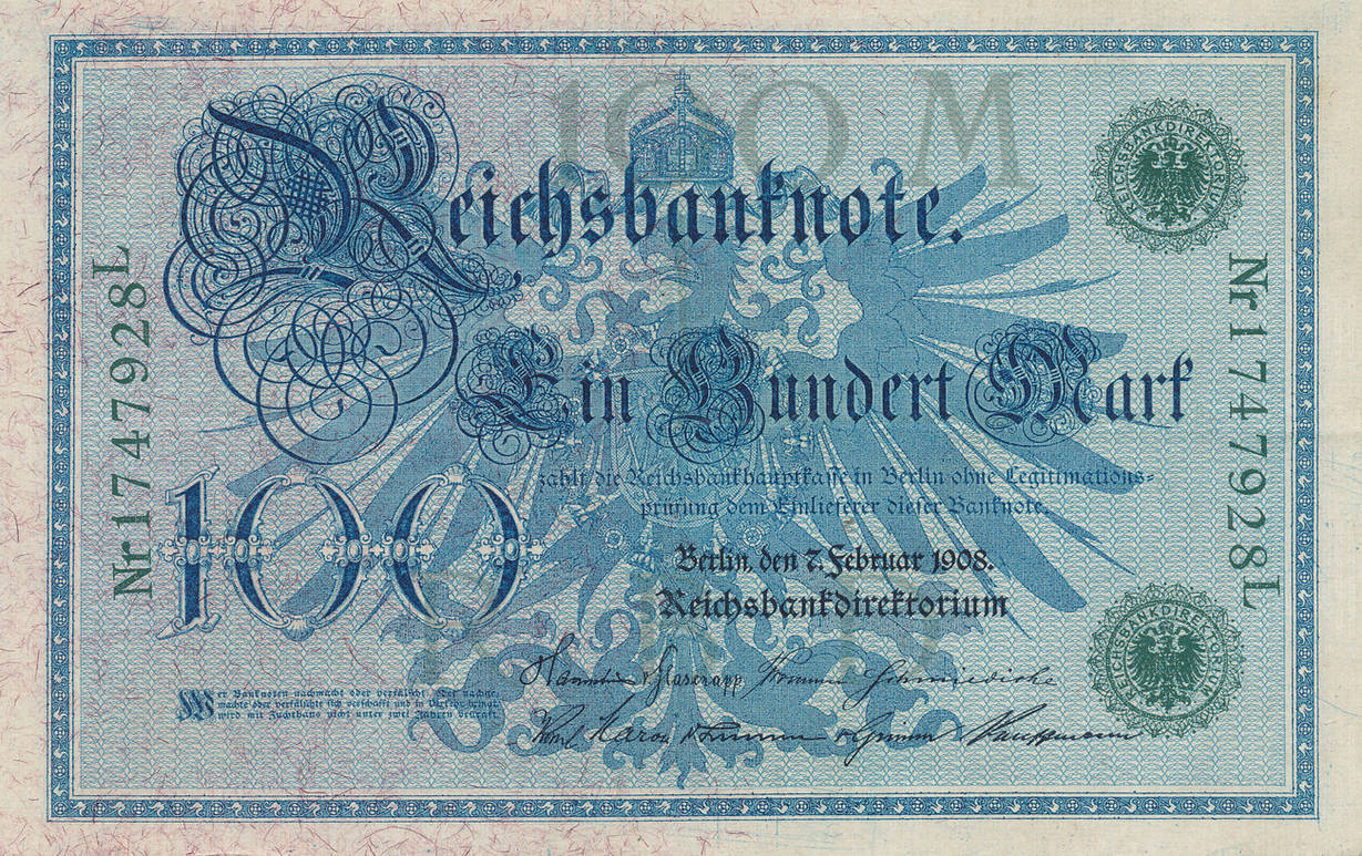 Deutsches Reich,Kaiserreich, 100 Mark 1908 Siegel grün,SerieL,Udr.Bst.M, leicht gebraucht II+ Deutsches Reich,Kaiserreich, 100 Mark 1908 Siegel grün,SerieL,Udr.Bst.M, leicht gebraucht II+