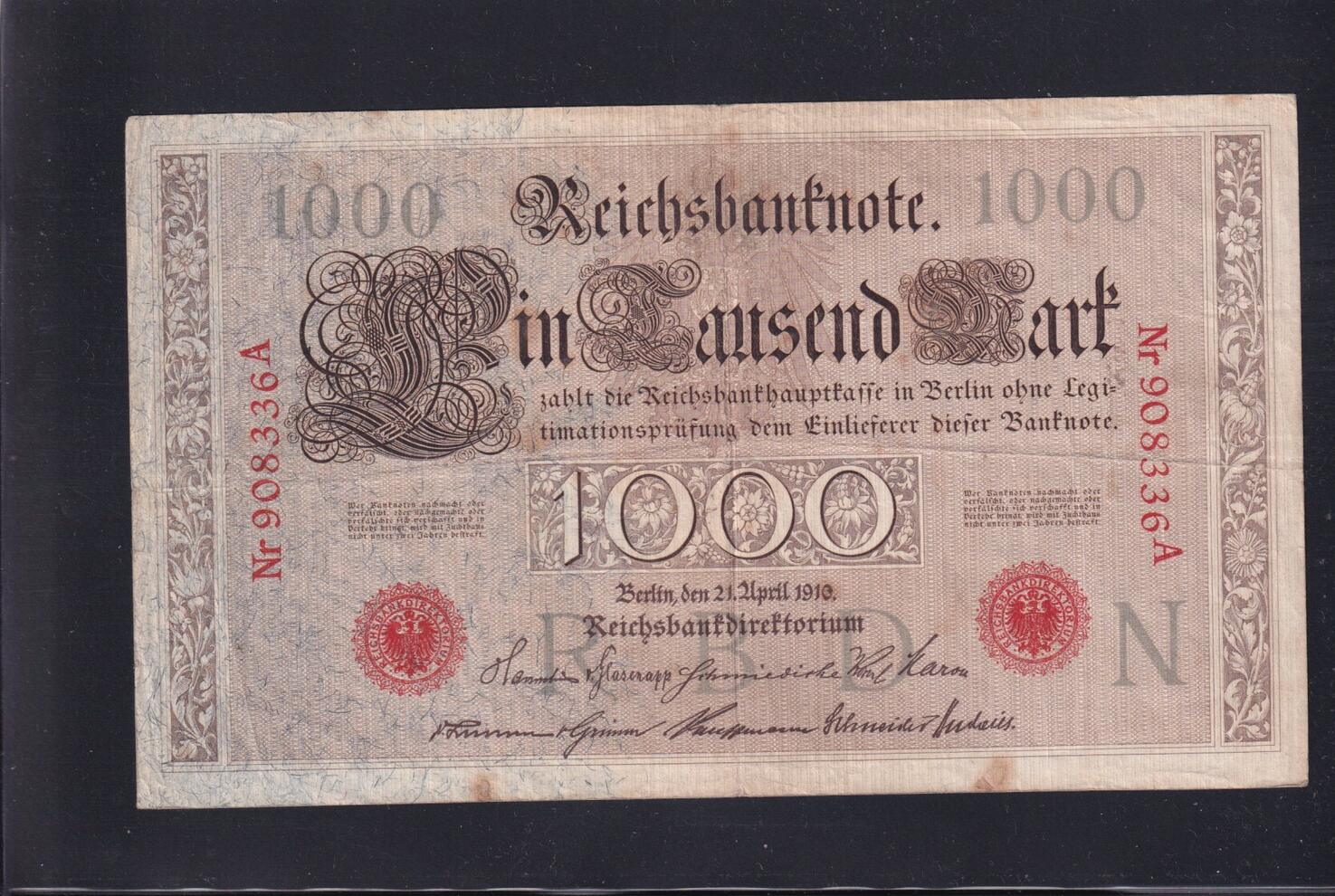 Reichsbanknote 1000 Mark 1910 Rotes Siegel Wert Kaiserreich, Deutsche Reichsbank, 1000 Mark 1910 Ro.45a,DEU-40a, Siegel
