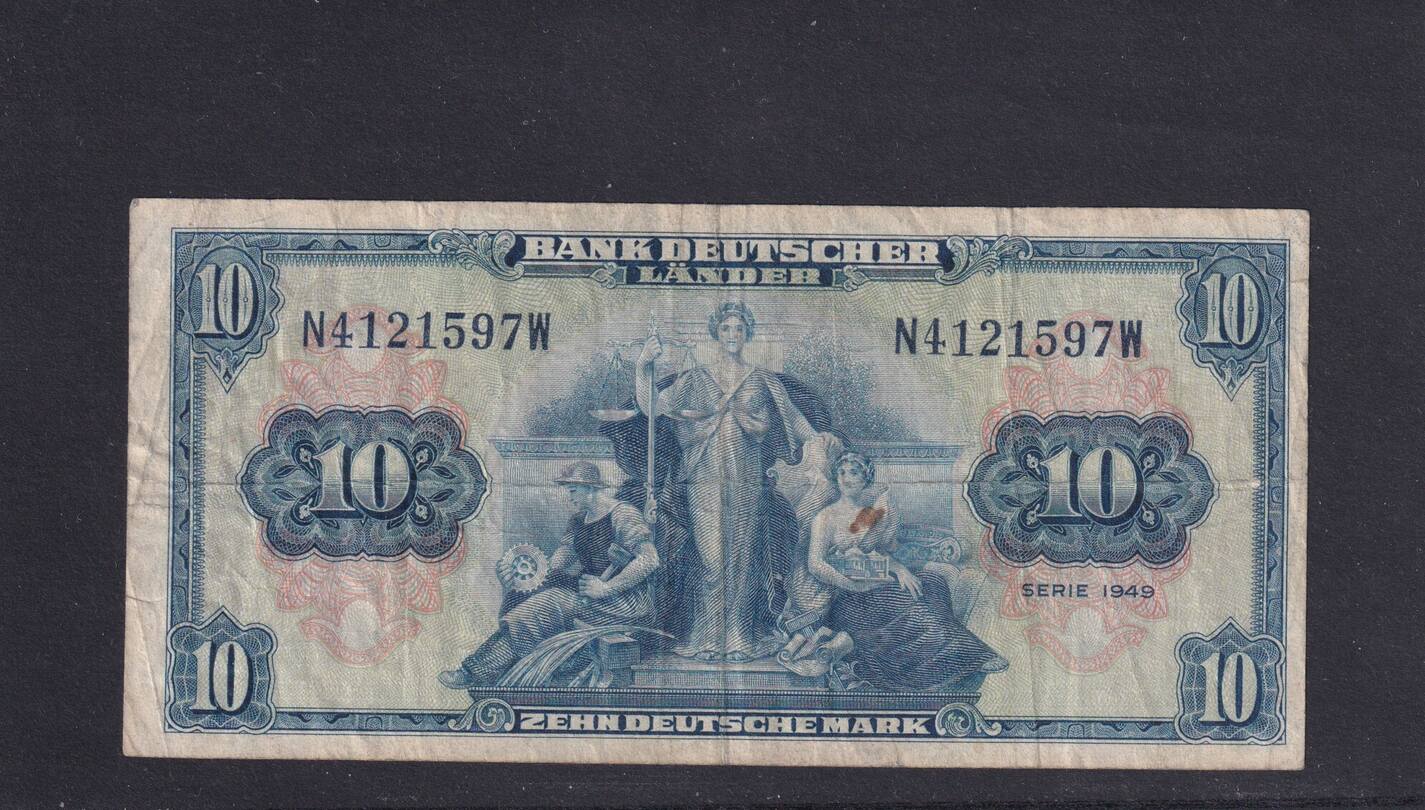 Bank Deutscher Länder 1949 10 Mark Schein BRD, Bank deutscher Länder, 10 Deutsche Mark 1949 Ro.258, BRD-4, Serie
