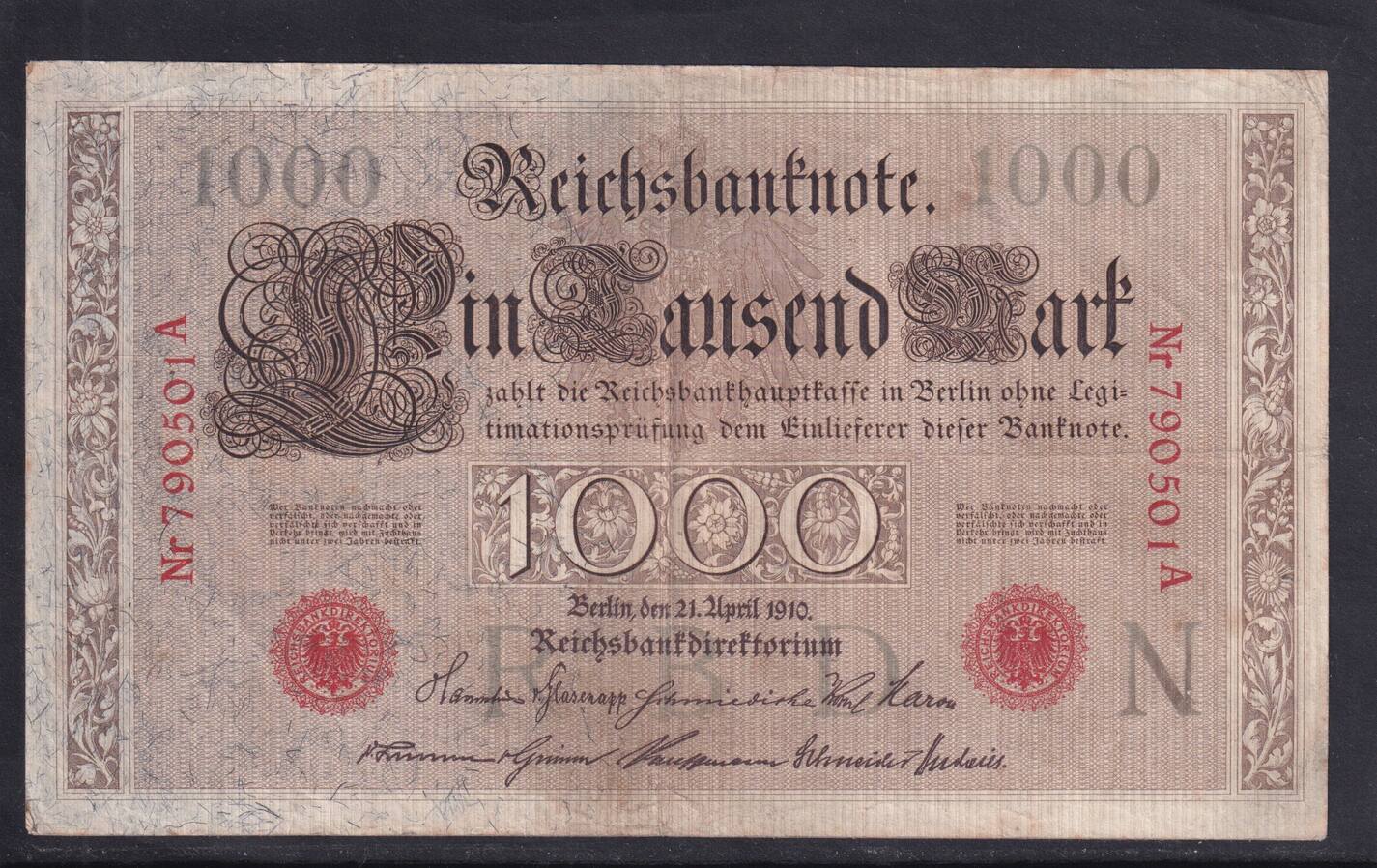 Reichsbanknote 1000 Mark 1910 Rotes Siegel Wert Kaiserreich, Deutsche Reichsbank, 1000 Mark 1910 Ro.45a,DEU-40a, Siegel