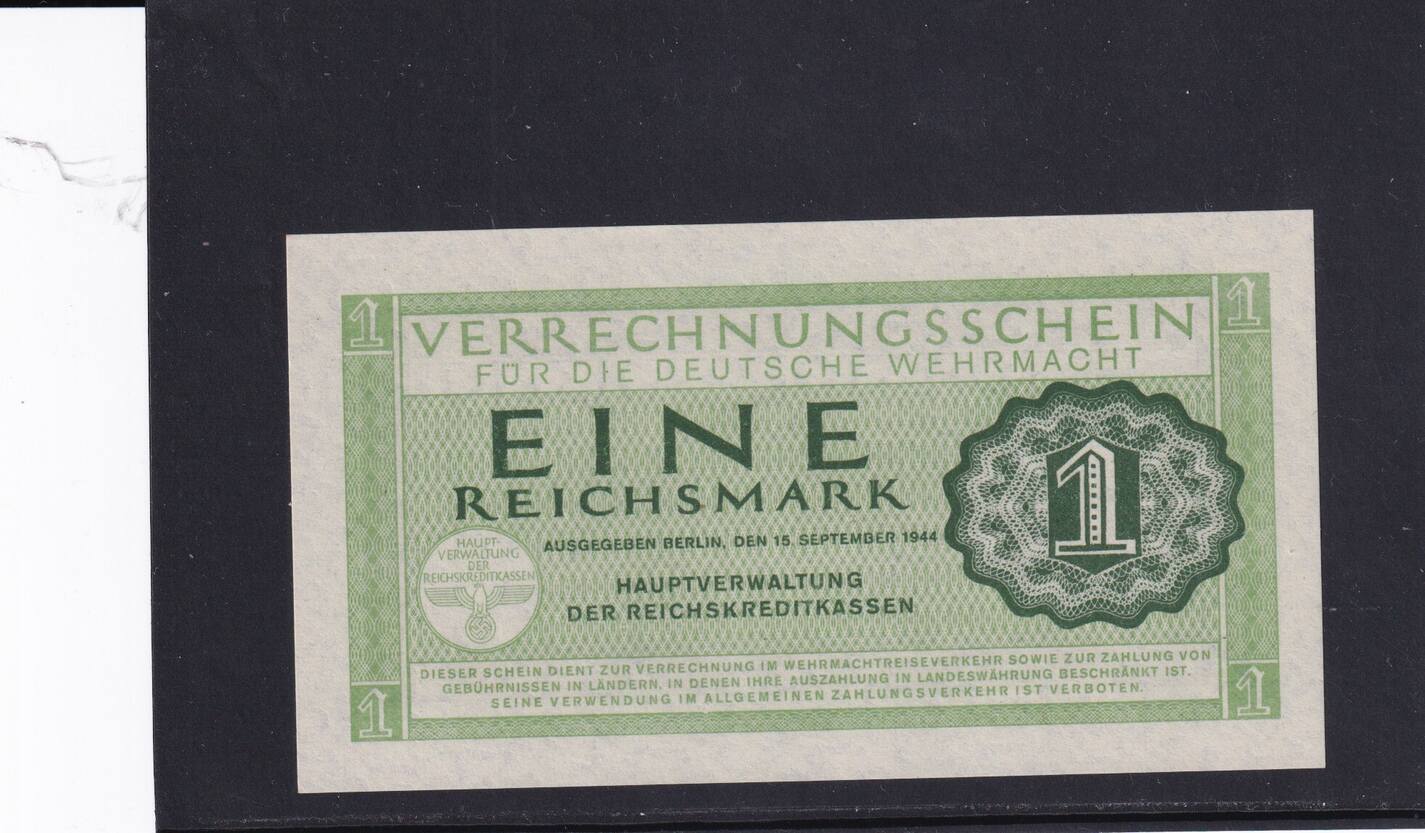 Bankovka Wehrmacht Eine Reichsmark 1944 , Svastika, Razítka