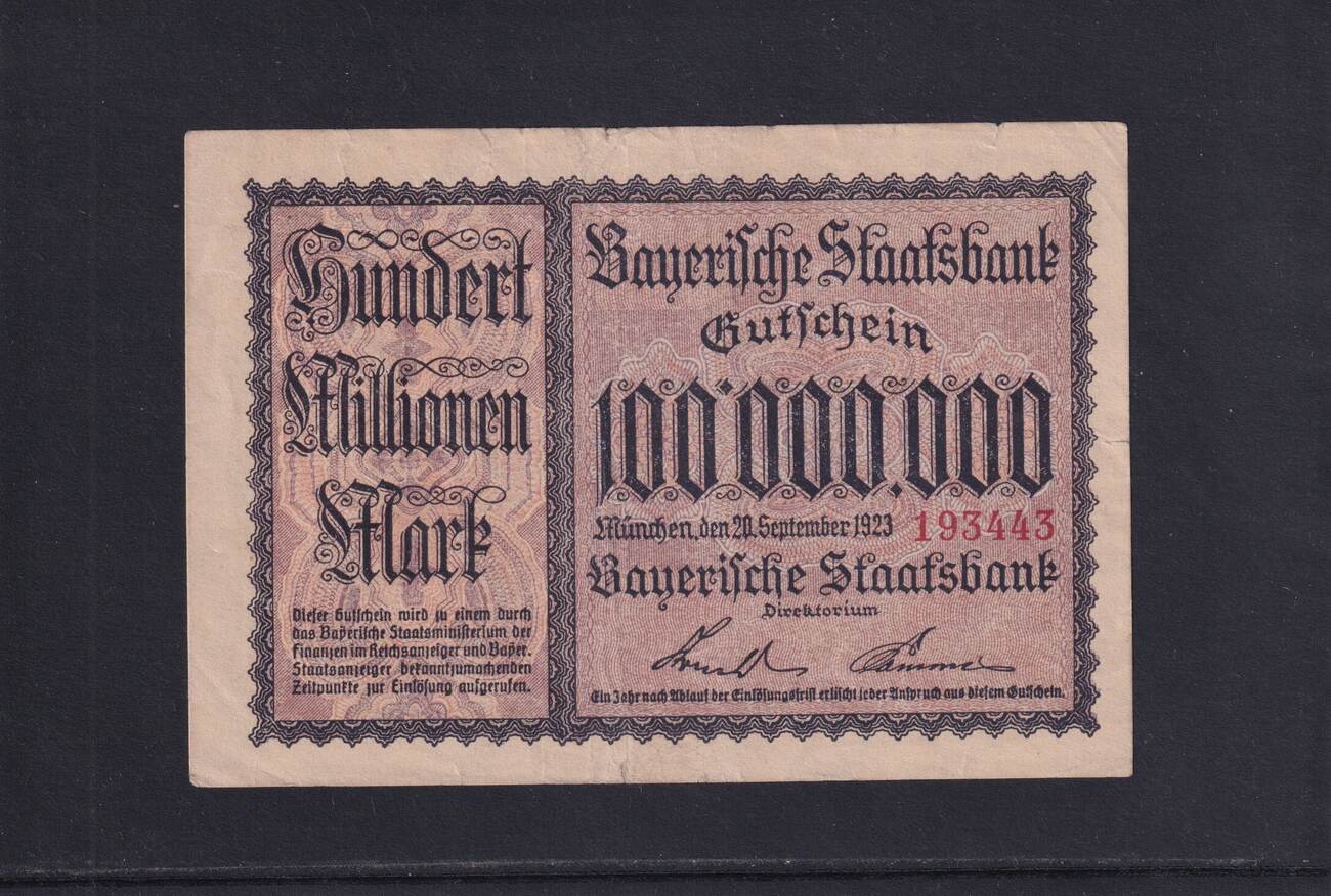 Weimarer Republik, Bayern, 100 Millionen Mark 1923 Bayerische ...