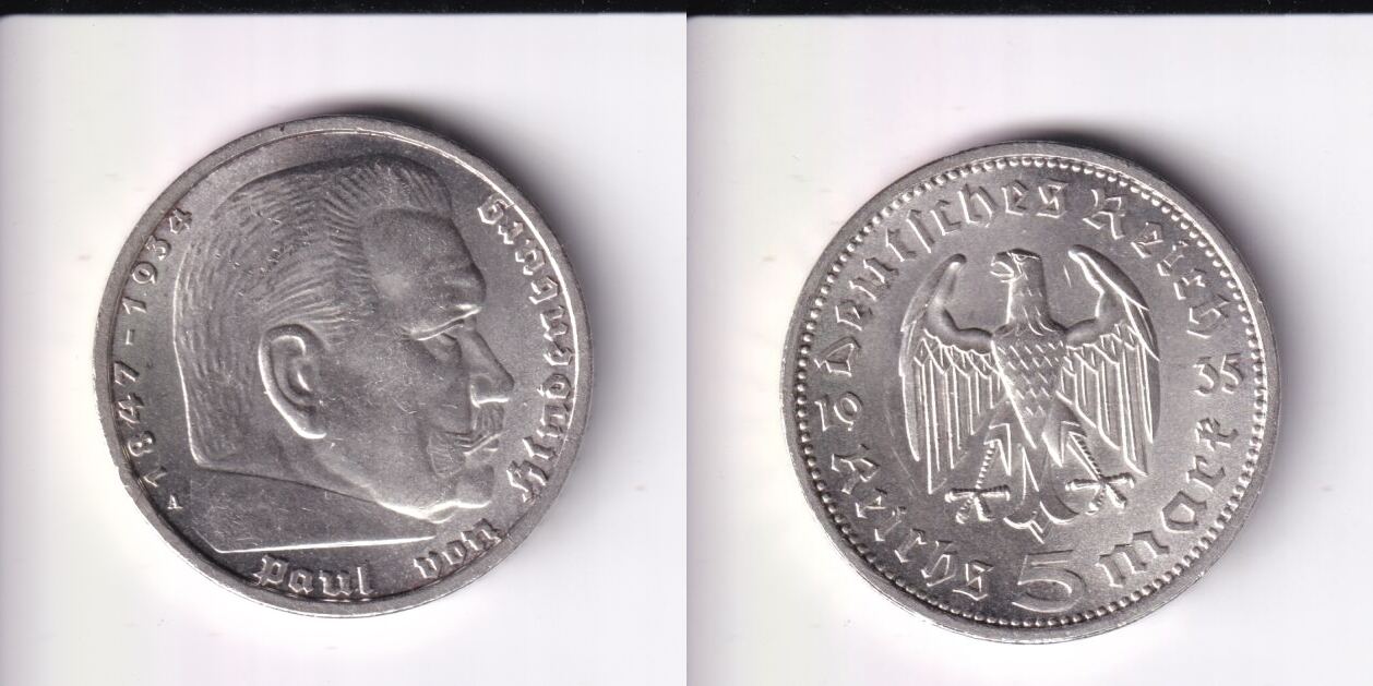 5 Deutsche Reichsmark Paul Von Hindenburg 1935 Deutsches Reich, Drittes Reich, 5 Reichsmark 1935 A Paul von Hindenburg