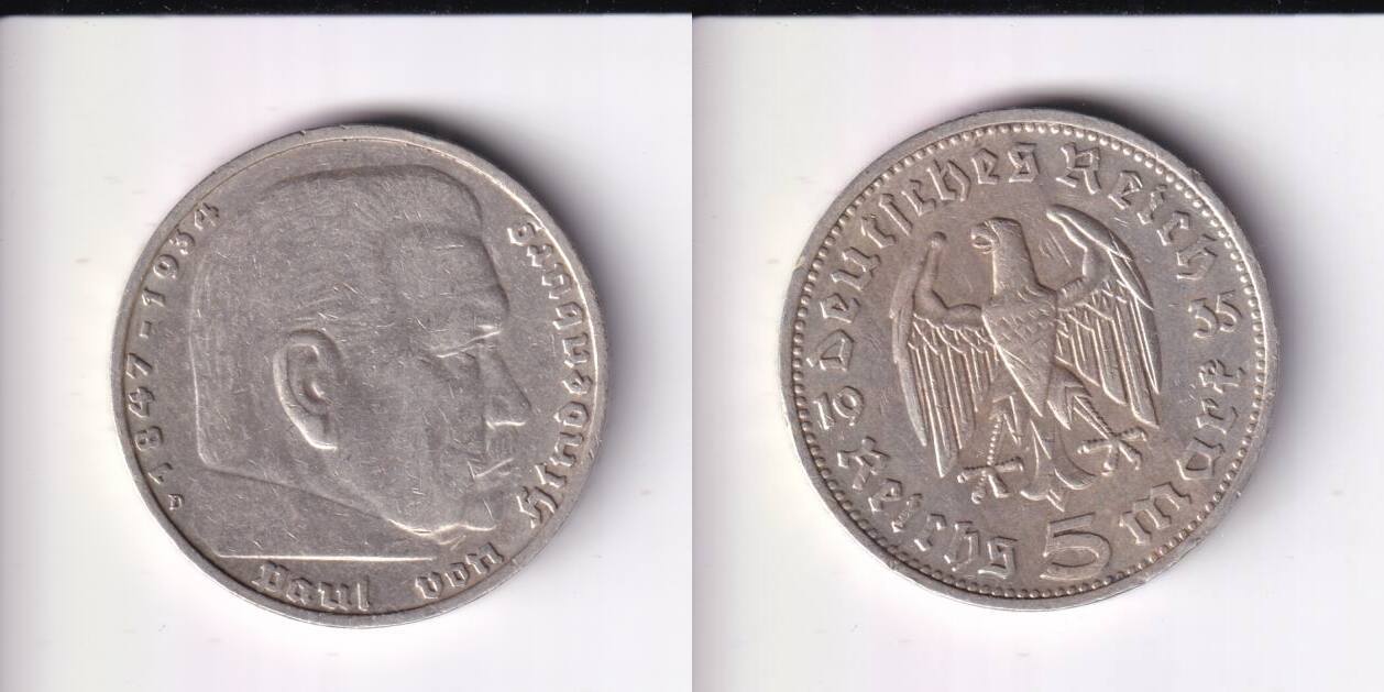 Deutsches Reich, Drittes Reich, 5 Reichsmark 1935 D Paul von Hindenburg