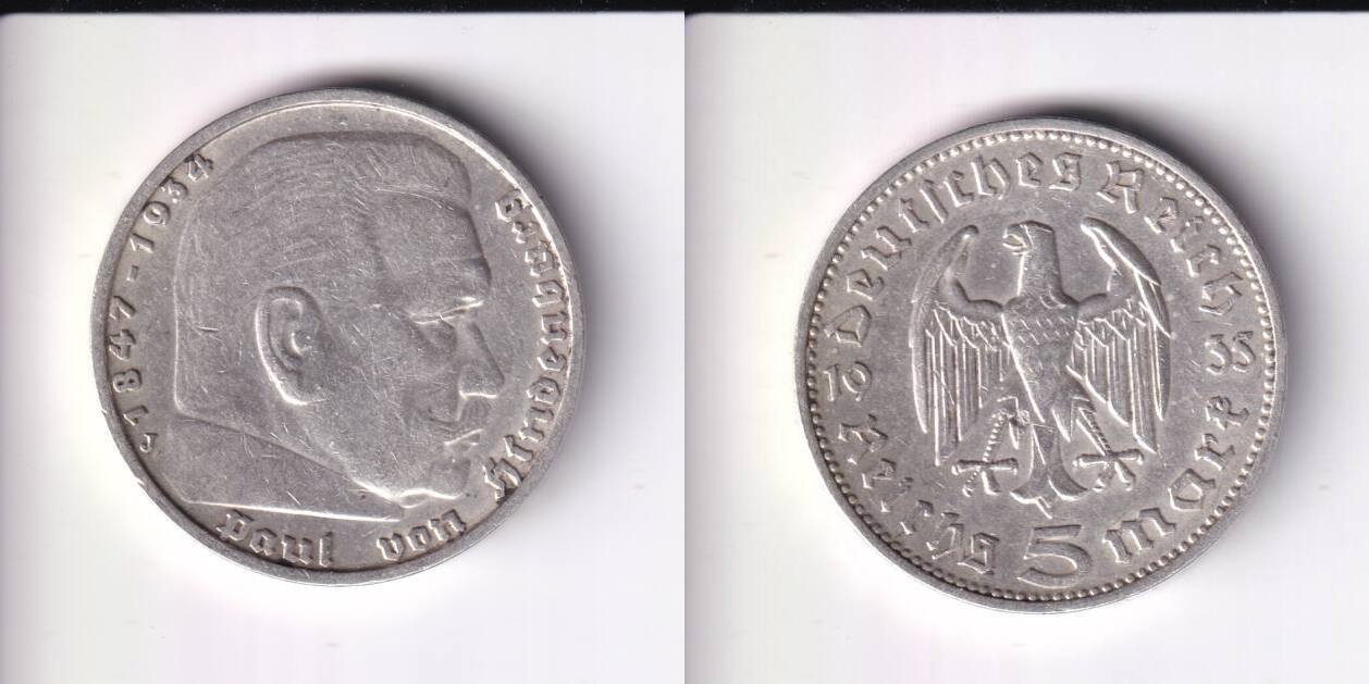 Deutsches Reich, Drittes Reich, 5 Reichsmark 1935 J Paul von Hindenburg