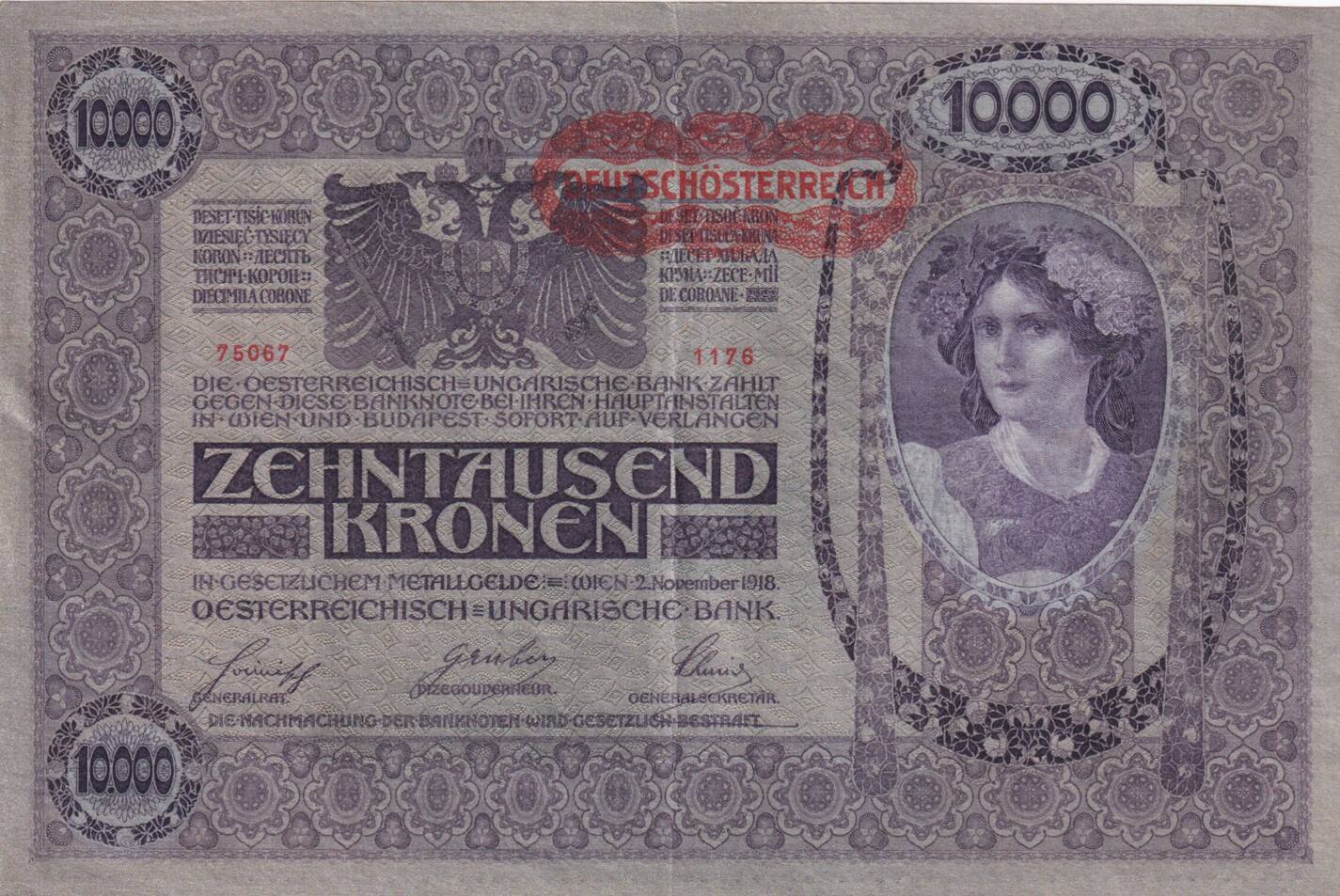 10000 Kronen 1918 Aufdruck DEUTSCHÖSTERREICH recht…