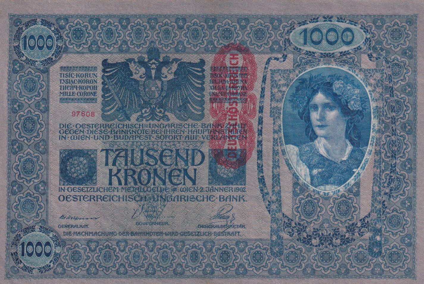 1000 Kronen 1902 mit Aufdruck DEUTSCHÖSTERREICH, senk…