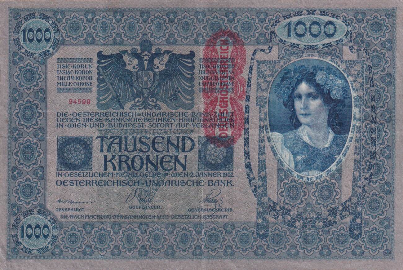 1000 Kronen 1902 mit Aufdruck DEUTSCHÖSTERREICH, senkrecht…