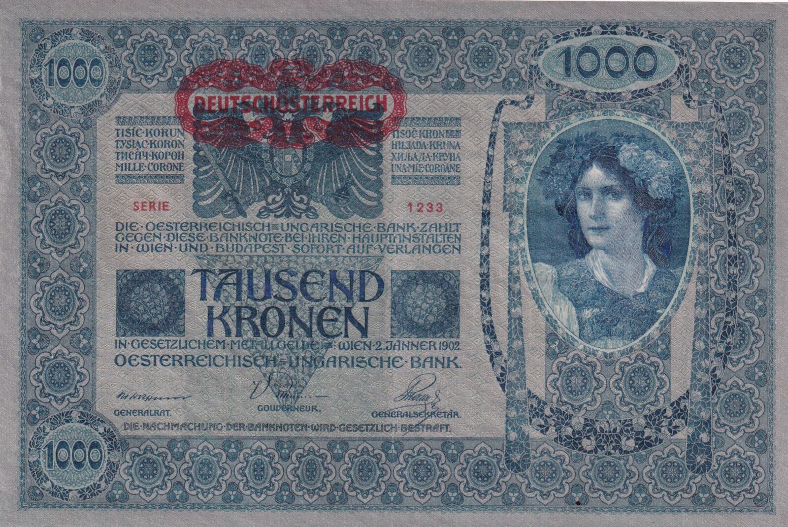 1000 Kronen 1902 mit Aufdruck DEUTSCHÖSTERREICH, waa…