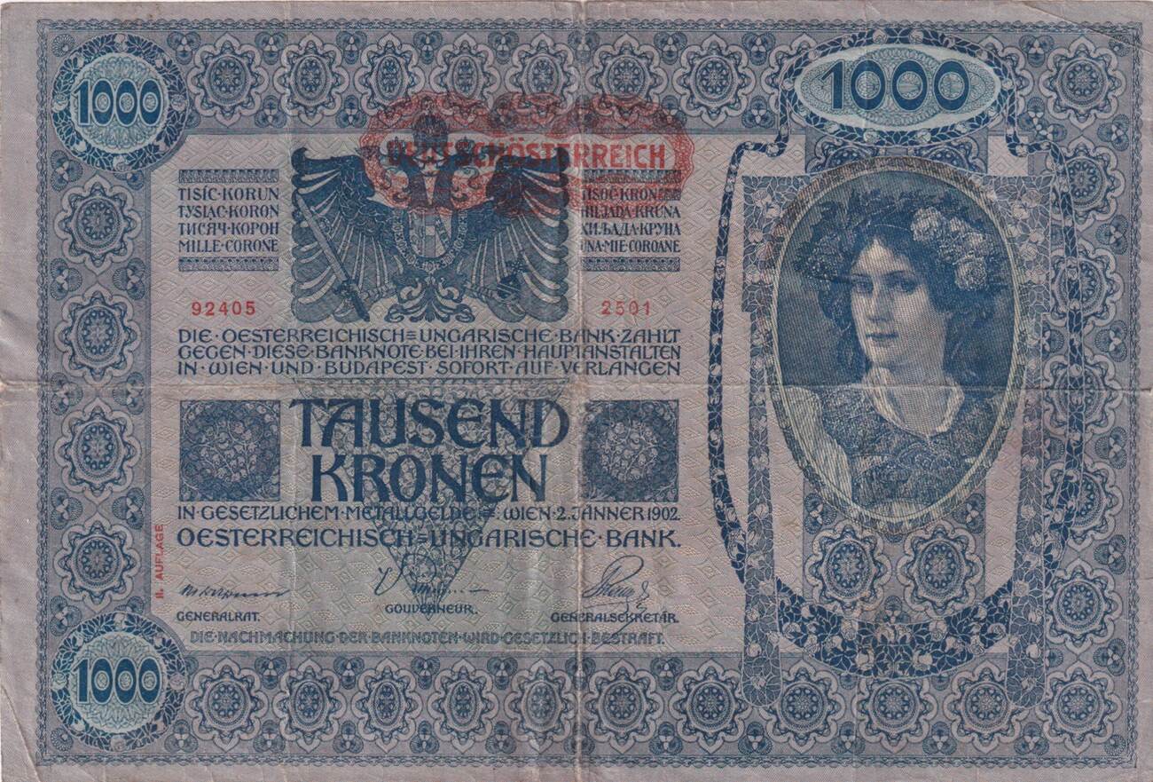 1000 Kronen 1902 mit Aufdruck DEUTSCHÖSTERREICH, waagerecht, m…