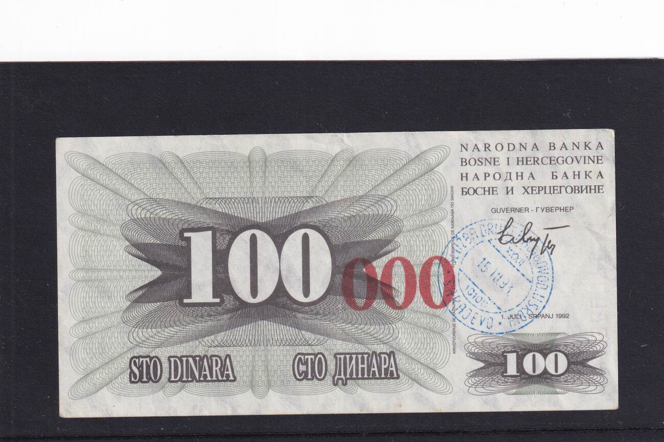 BosnienHerzegowina 100000 Dinara 1.Juli 1992 leicht gebraucht II+