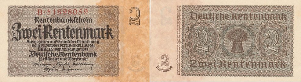 Deutsches Reich, 2 Rentenmark 1937 Ro.167b Reichsdruck KN 8 stellig ...