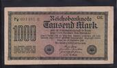 Deutsches Reich, Weimarer Republik, 1000 Mark Ro. 75k, DEU-84c, Wz. Kreuzblüten KN 6stellig violett, FZ:OE, -