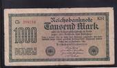 Deutsches Reich, Weimarer Republik, 1000 Mark Ro. 75o, DEU-84j, Wz. Achterstreifen, KN 6stellig rot FZ:KH, -