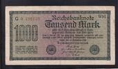 Deutsches Reich, Weimarer Republik, 1000 Mark Ro. F 75i,DEU-84f,Wz.Mäander, FZ:WM, F/c Fehldruck: Buchstabe e -
