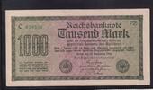 Deutsches Reich, Weimarer Republik, 1000 Mark Ro.75m,DEU-84g,Wz.Gitter KN 6stellig grün FZ:FZ, Fehldruck Buchstabe e -