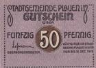 Weimarer Republik, Sachsen, 50 Pfennig Plauen, Stadtgemeinde, Wz. Wellen, ohne KN, -