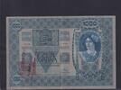 1000 Kronen 1902(1919) Tschechoslowakei, Zeitgenössische Fälschung der aufgedruckten Marke, Original aus der Zeit, gebraucht III-, Löcher, Einris...