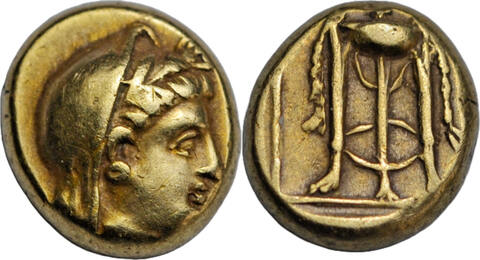 377-326 BC v. Chr. Lesbos, Mytilene, electrum (base gold) hekte, c. 377-326 BC, Demeter/tripod